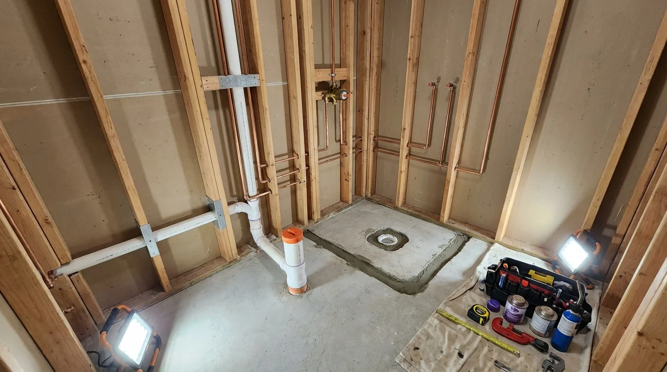 Bathroom rough-in plumbing during remodel by Johns Plumbing LLC in La Porte City