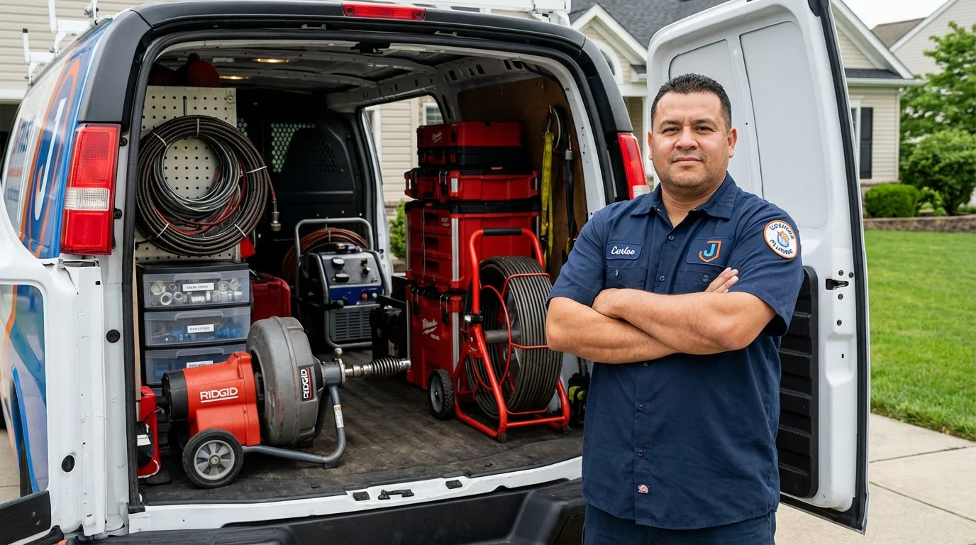 Professional drain cleaning equipment and Johns Plumbing LLC plumber in La Porte City