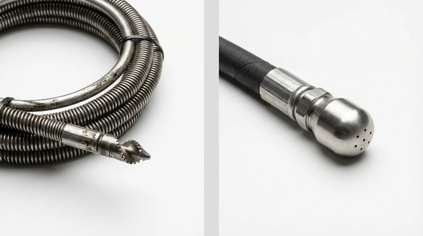 Drain snake cable and hydro jetting nozzle used for drain cleaning in La Porte City, IA