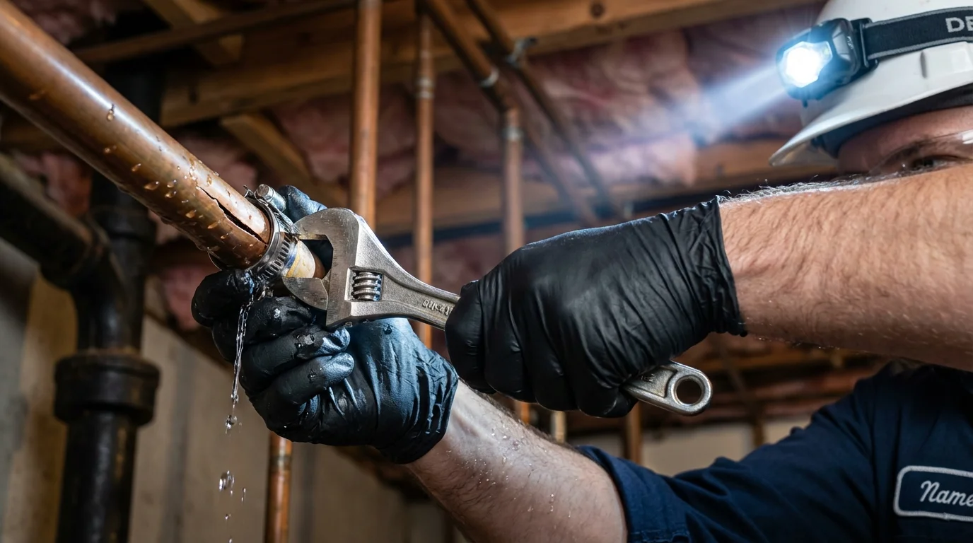 Emergency pipe clamp repair being performed by a Johns Plumbing LLC plumber in La Porte City