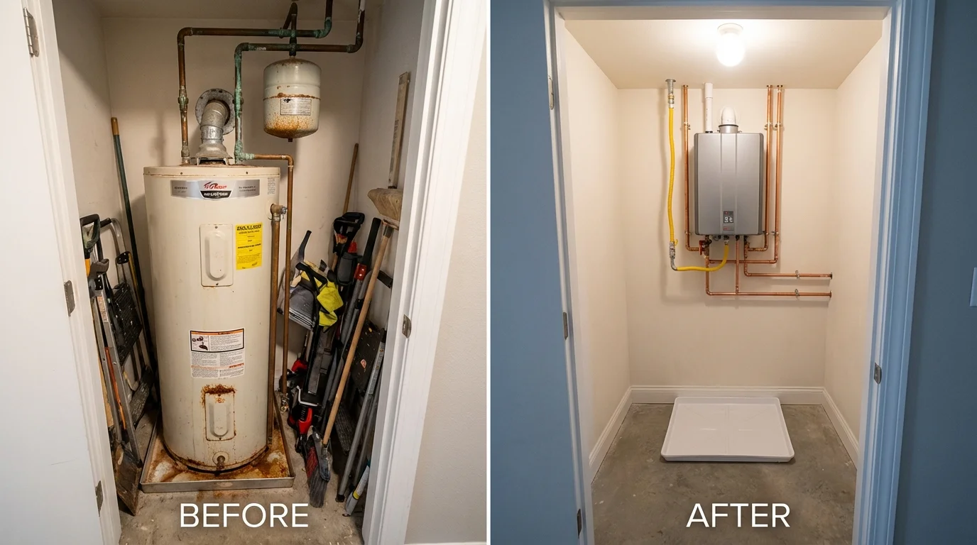Tank water heater versus wall-mounted tankless unit comparison for La Porte City, IA homeowners