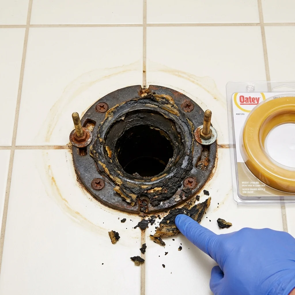 Failed wax ring showing water seepage at the base of a toilet in a La Porte City, IA home