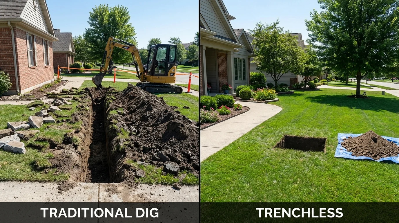 Trenchless sewer repair with minimal yard damage versus traditional excavation in La Porte City, IA