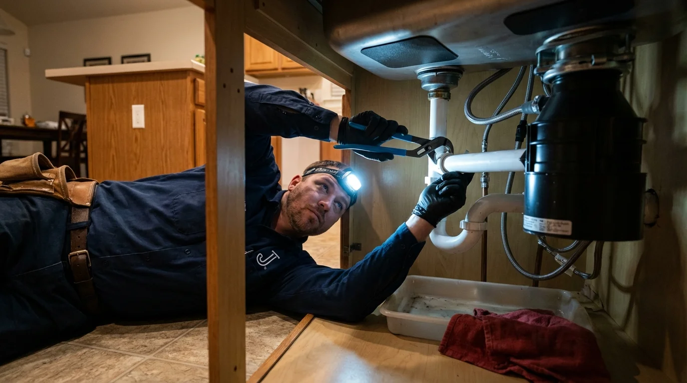 P-trap and supply line connections under a kitchen sink showing a common leak point in La Porte City, IA